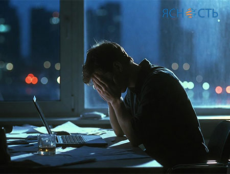 Мужчина сидит за ноутбуком, рядом стакан с алкоголем