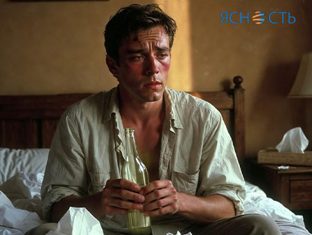 Мужчина с красным лицом сидит в кровати с алкоголем